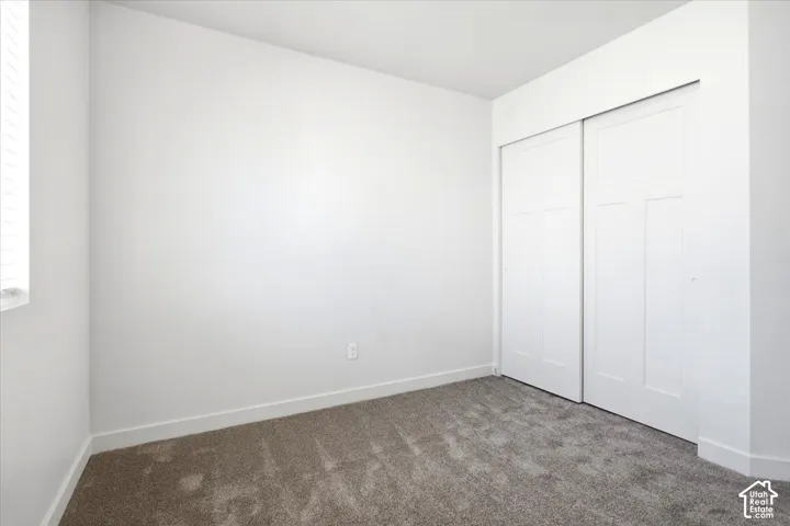 Neutral wall paint, carpeted flooring, window with horizontal blinds, and a built-in closet with sliding doors