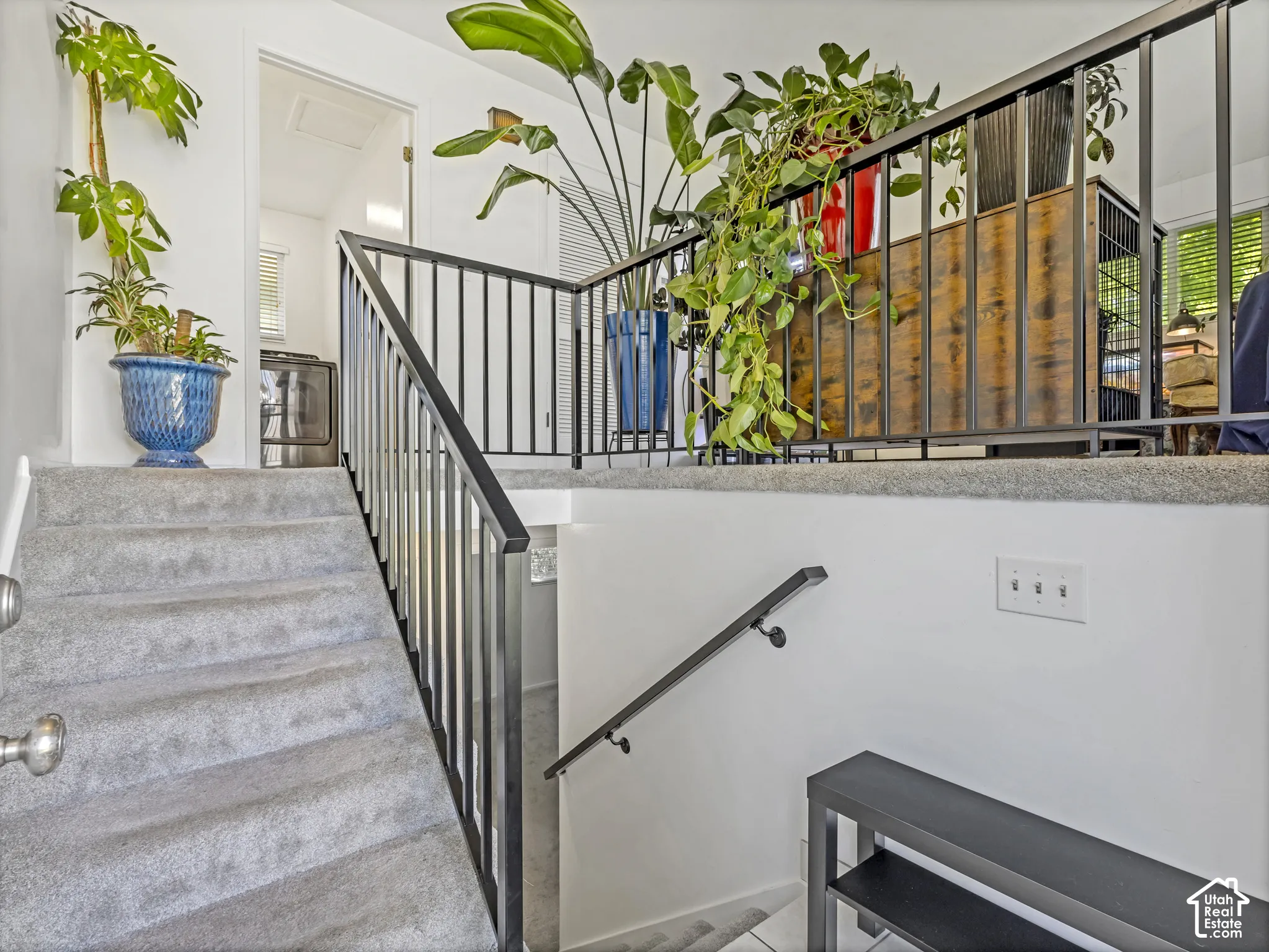 Carpeted staircase with metal balustrade and handrail