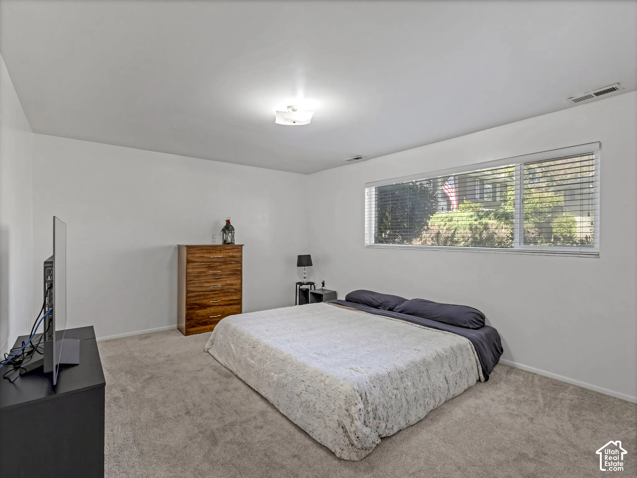 Wall-to-wall carpeting and a horizontal window with blinds