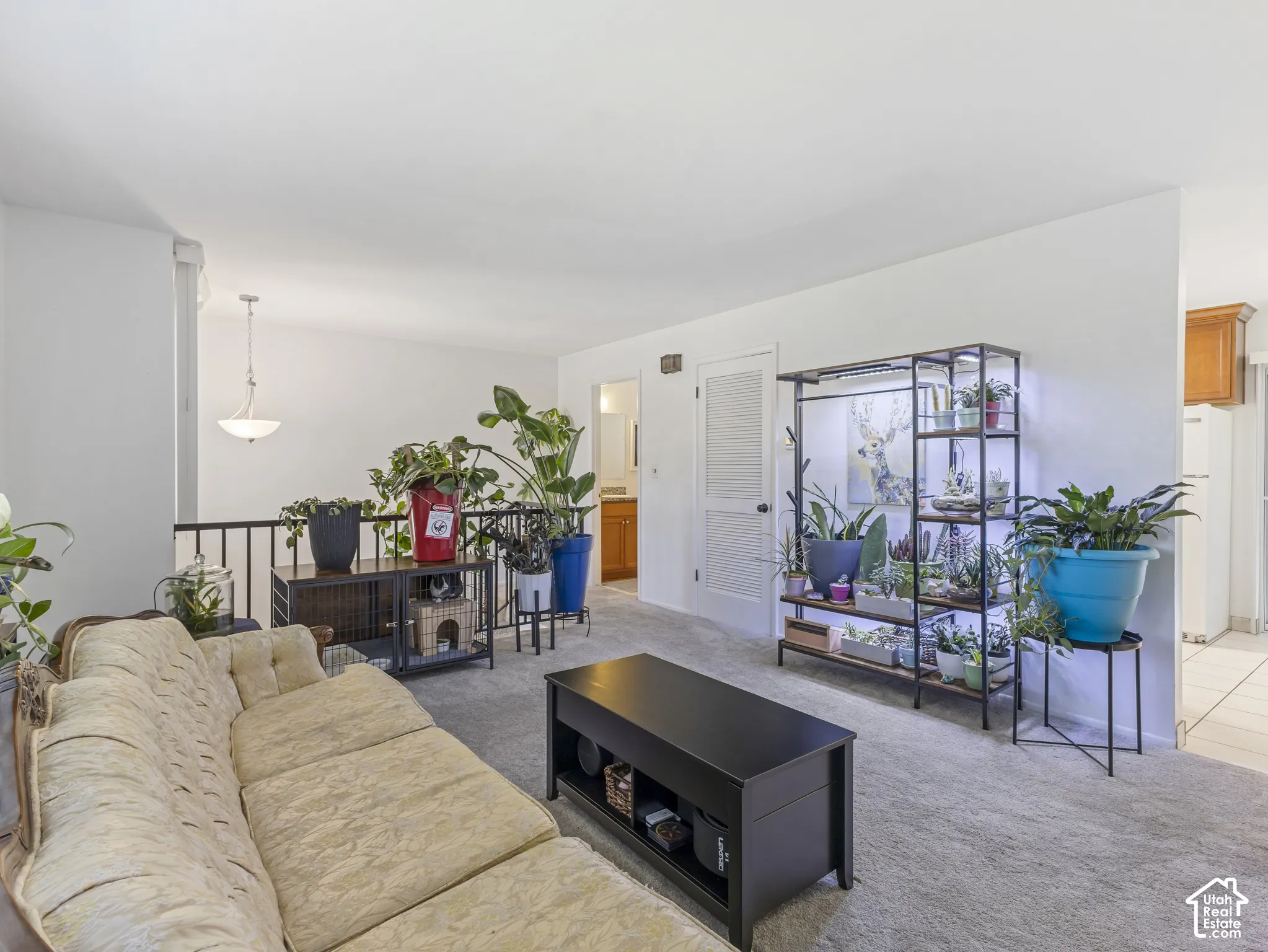 Recessed ceiling light, white wall finishes, neutral carpet flooring, louvered door, ceramic tile flooring