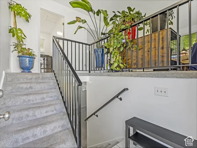 Carpeted staircase with metal balustrade and handrail
