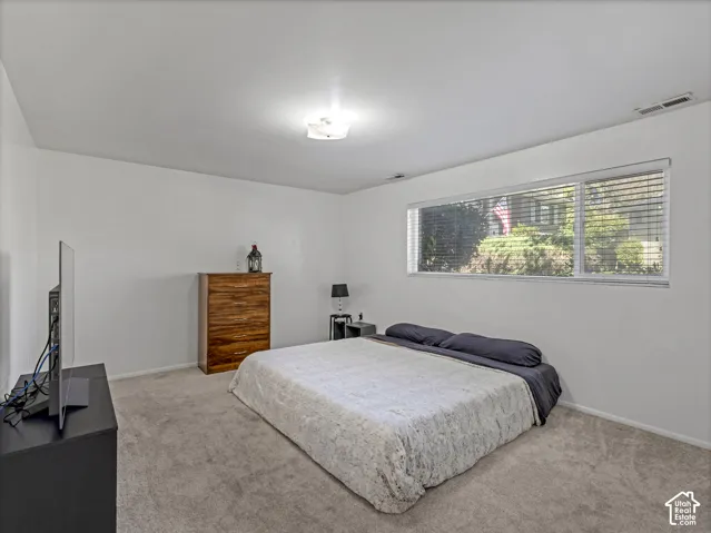Wall-to-wall carpeting and a horizontal window with blinds
