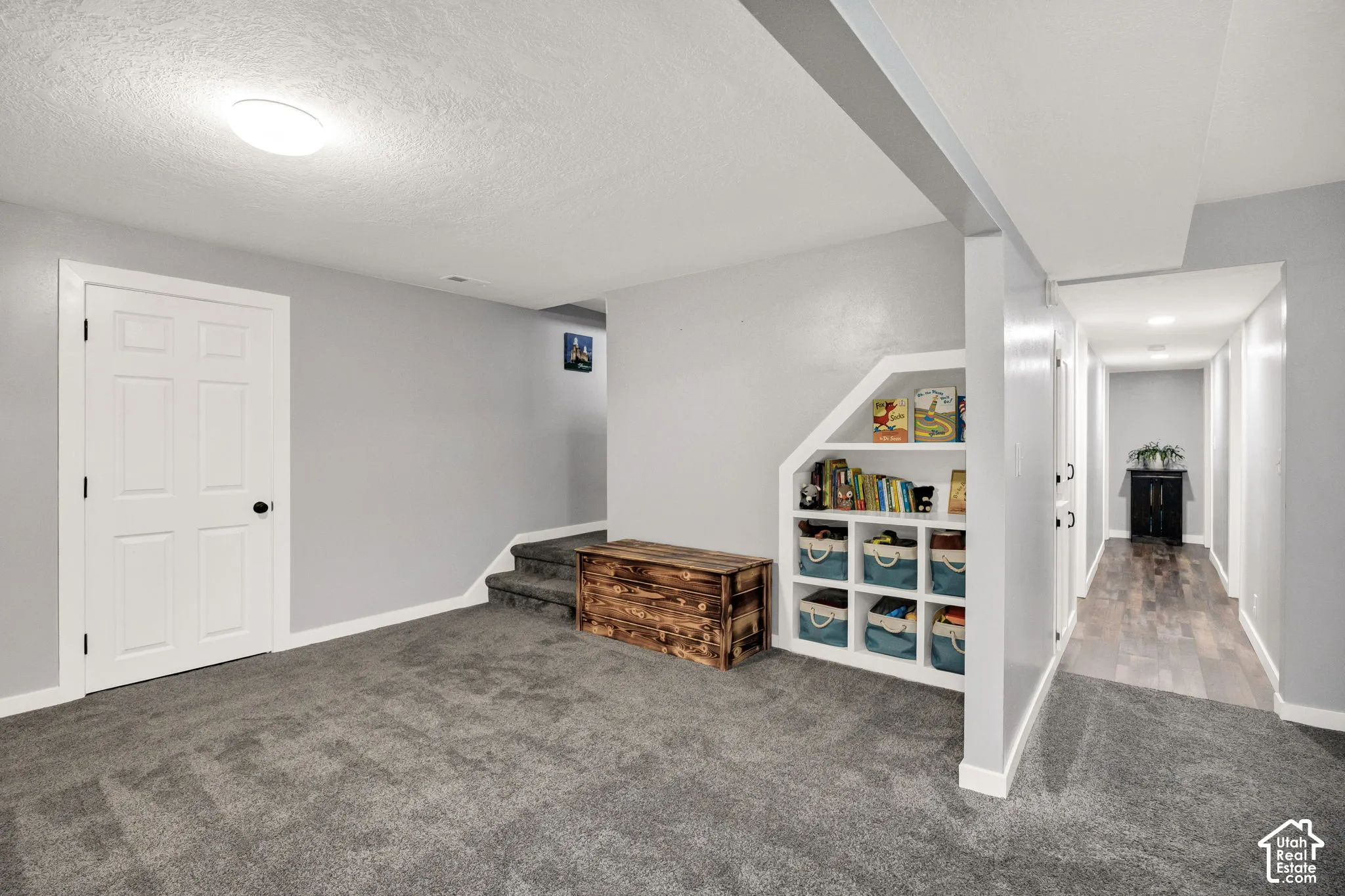 Built-in shelving, gray carpet, paneled interior door, recessed lighting, wood-finish flooring
