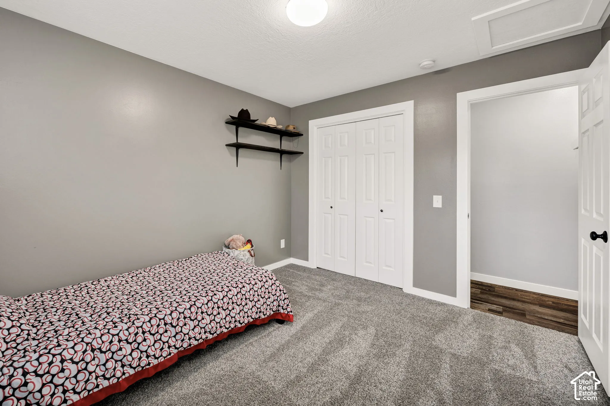 Gray wall finishes, built-in shelving, white bi-fold closet doors, white paneled interior doors, and gray carpet flooring