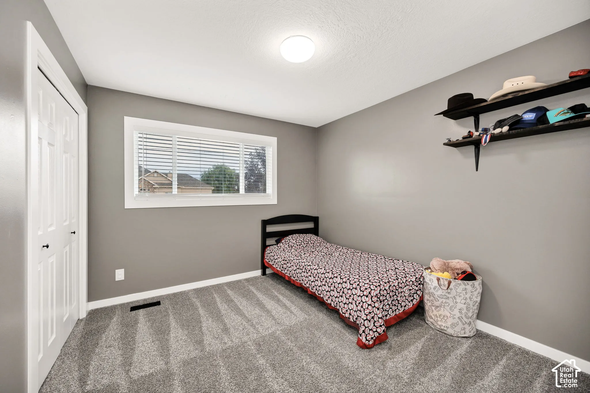 Soft gray wall paint with white trim, gray patterned carpeting, and a white window with blinds