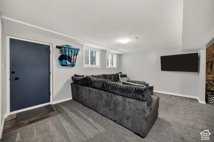Recessed ceiling light, wall-mounted television, gray carpeting, stone-clad accent wall, and a dark-paneled door