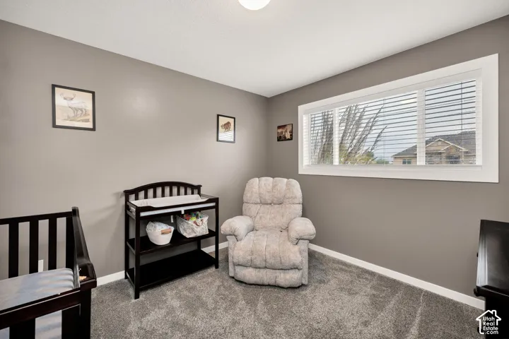 Neutral wall color, grey carpeting, a large window with white blinds, and white trim