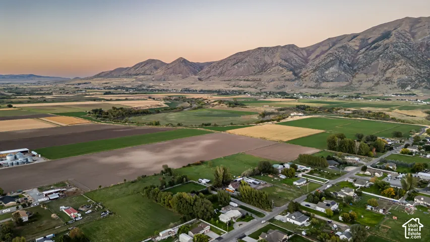 Mountain backdrop, agricultural fields, residential area, paved roads, and scattered mature trees