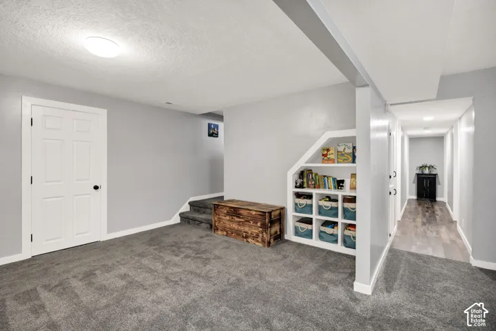 Built-in shelving, gray carpet, paneled interior door, recessed lighting, wood-finish flooring