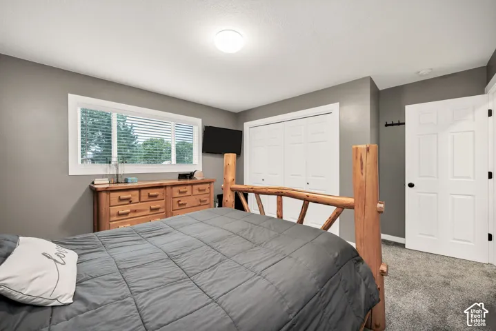 Carpeted flooring, white trim details, window with horizontal blinds, flush mount ceiling light, and bi-fold closet doors