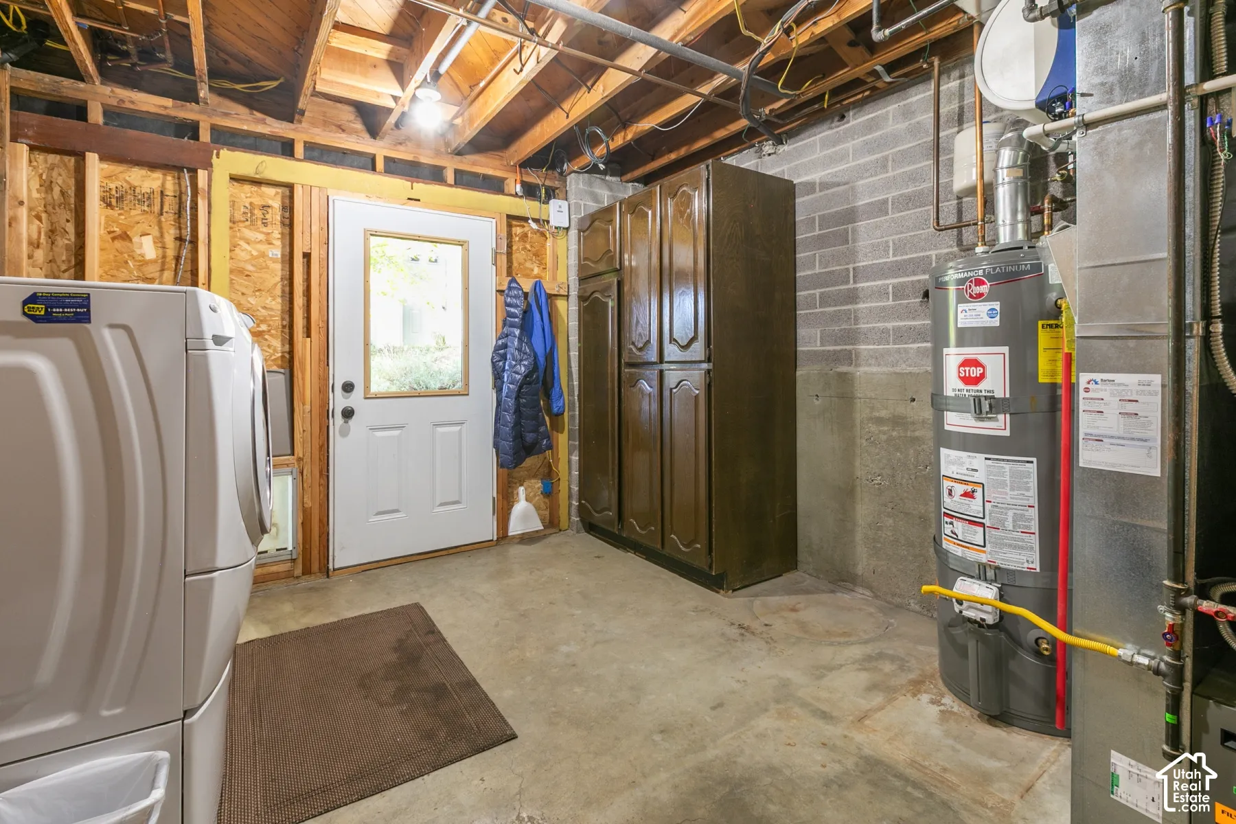 Concrete flooring with exposed ceiling joists