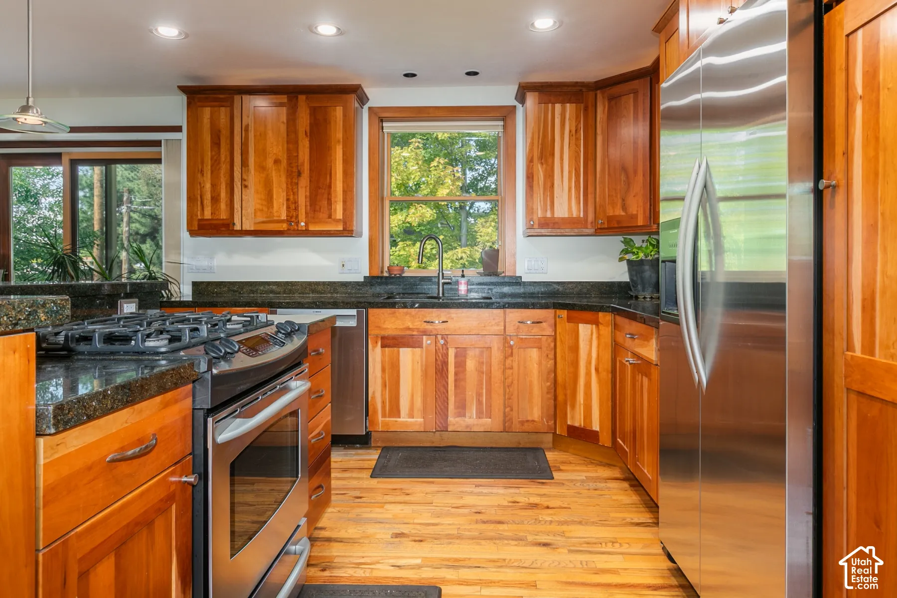 Kitchen featuring wood cabinetry, dark countertops, a stainless steel gas range, a stainless steel dishwasher, and wood-finish flooring