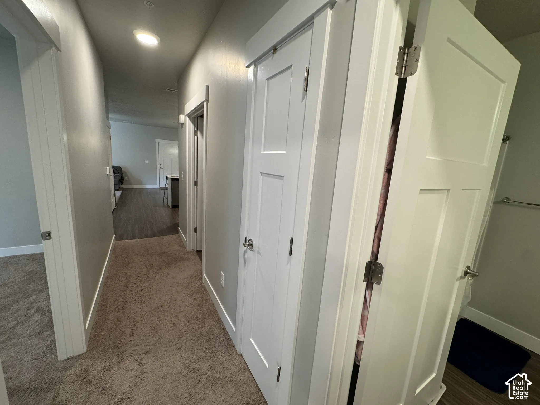 Hallway featuring recessed lighting, paneled doors, and carpet flooring
