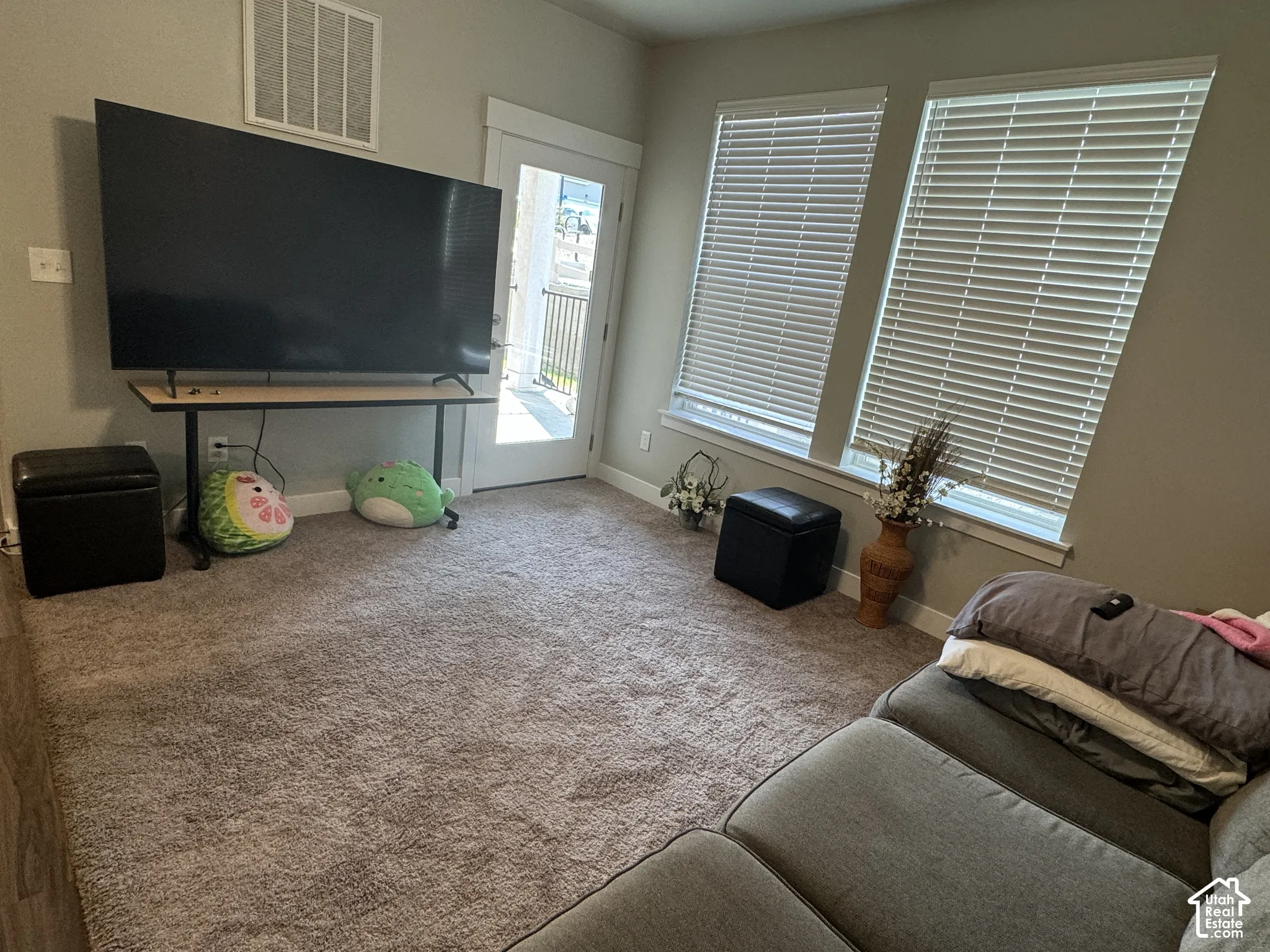 Neutral wall paint, two large windows with blinds, a glass-paned door, and plush carpeting