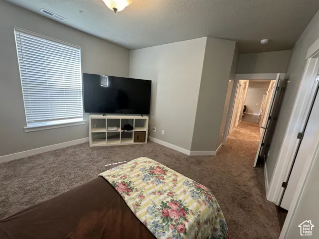Carpeted flooring, neutral wall tones, window with horizontal blinds, and a built-in light fixture