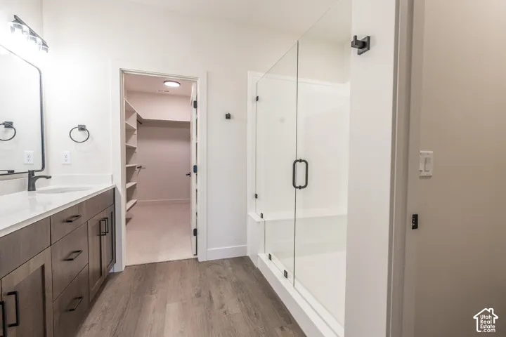 Spacious bathroom featuring a wood-finish vanity with countertop and sink, a glass-enclosed shower, wood-finish flooring, and a walk-in closet with built-in shelving