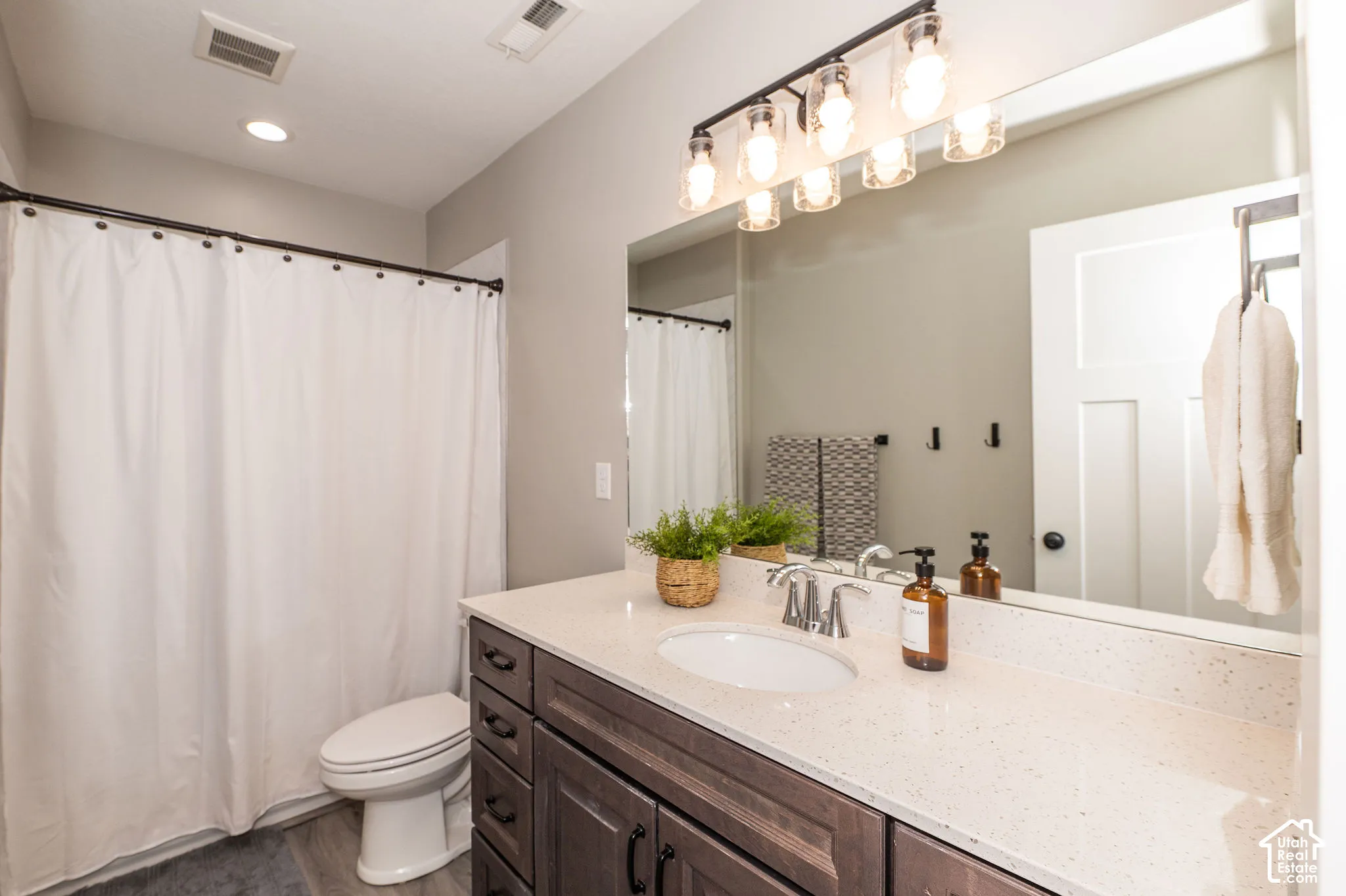 Wood-finish flooring, single vanity with a light-colored countertop, built-in cabinetry, and a toilet