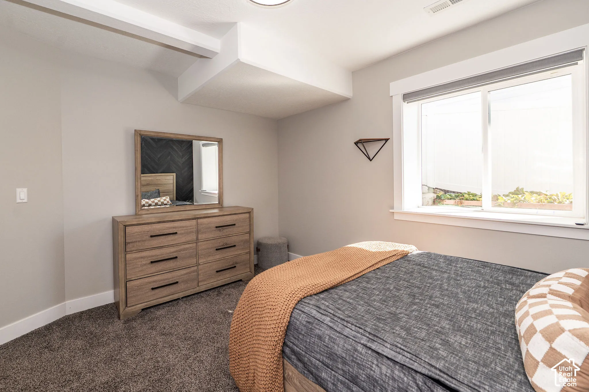 Carpeted room with a large egress window, light-colored walls, and white trim