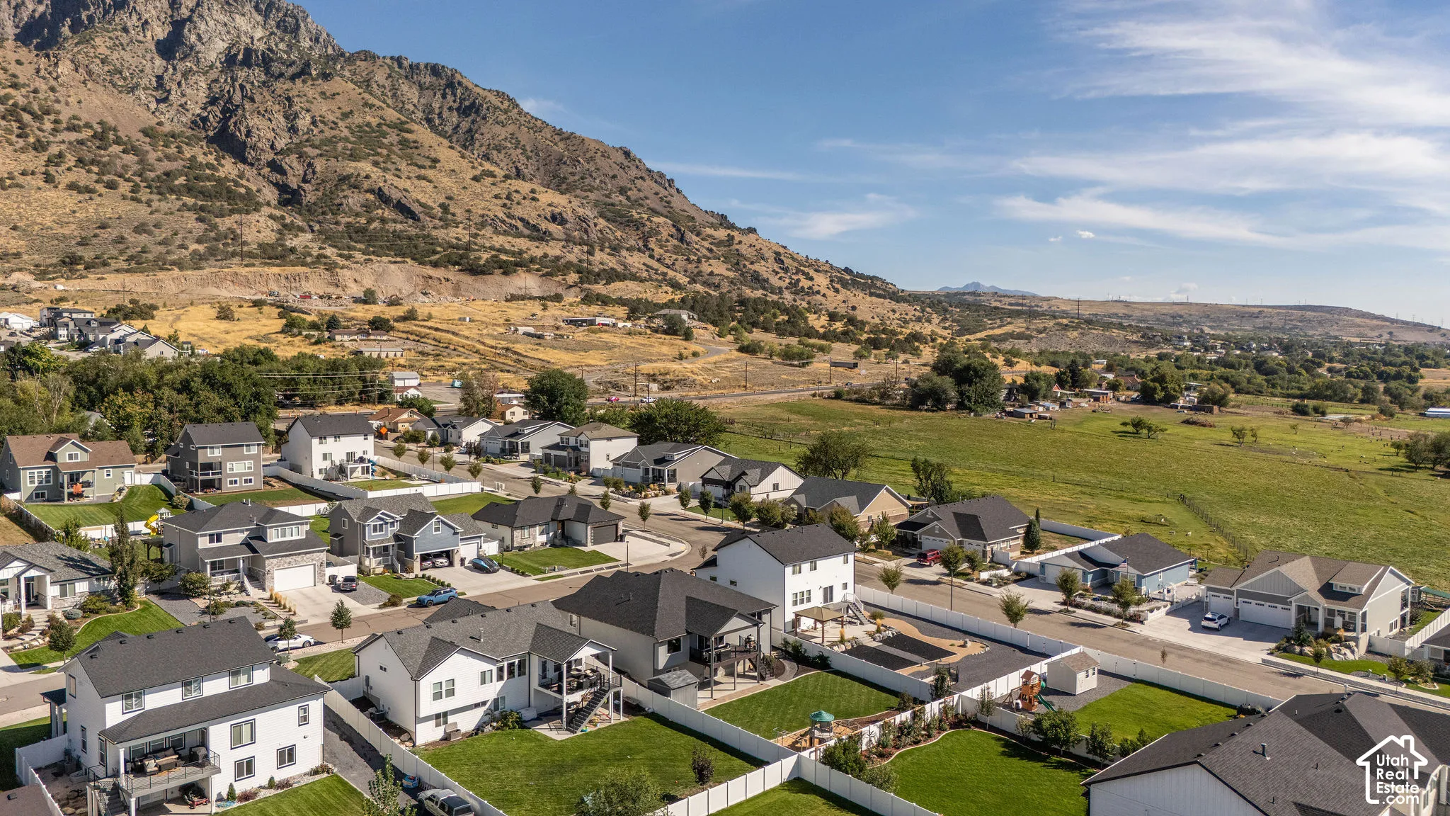 Residential neighborhood with varied architectural styles, private fenced backyards, and expansive natural scenery