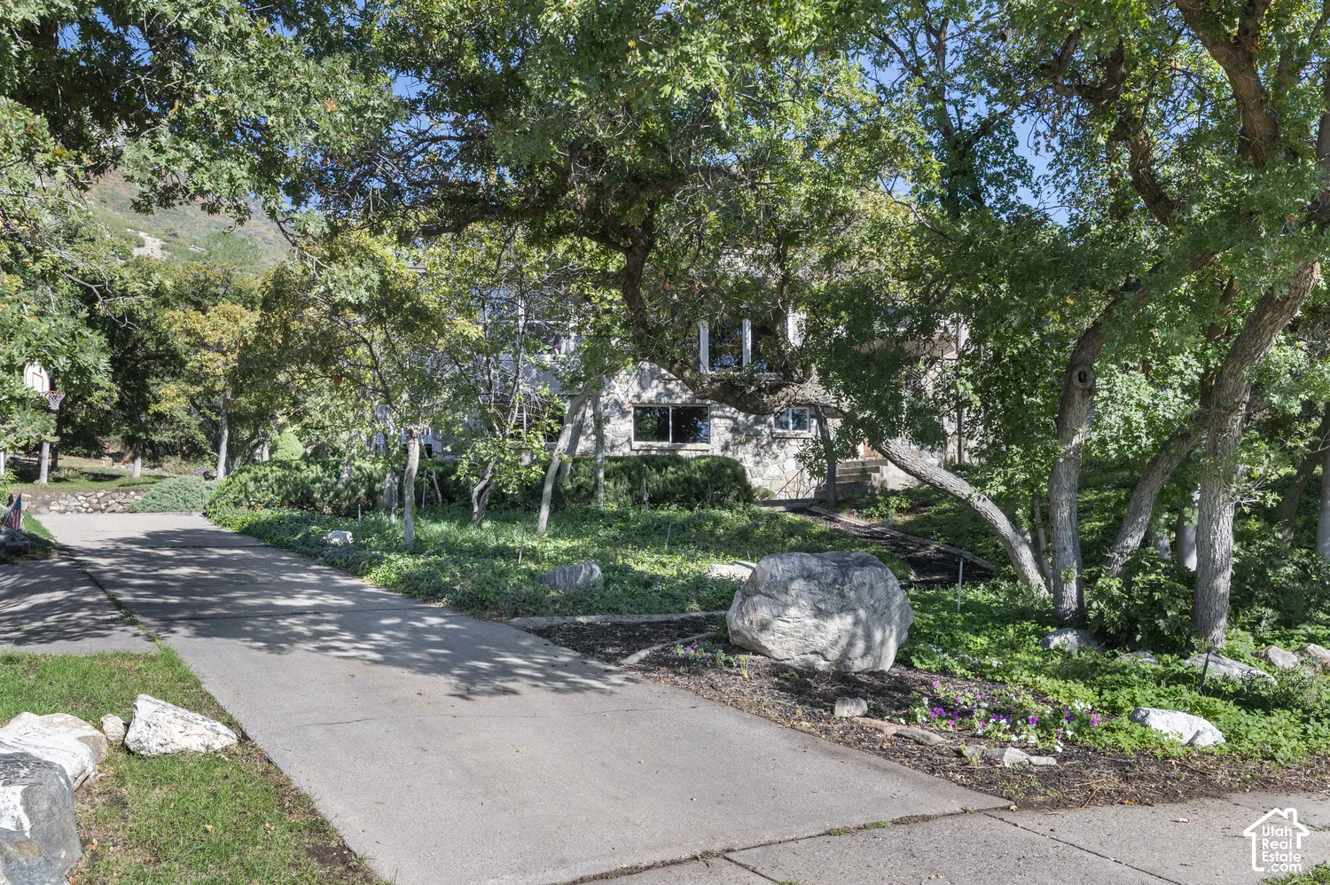 Stone exterior with multiple windows, surrounded by mature trees and lush landscaping