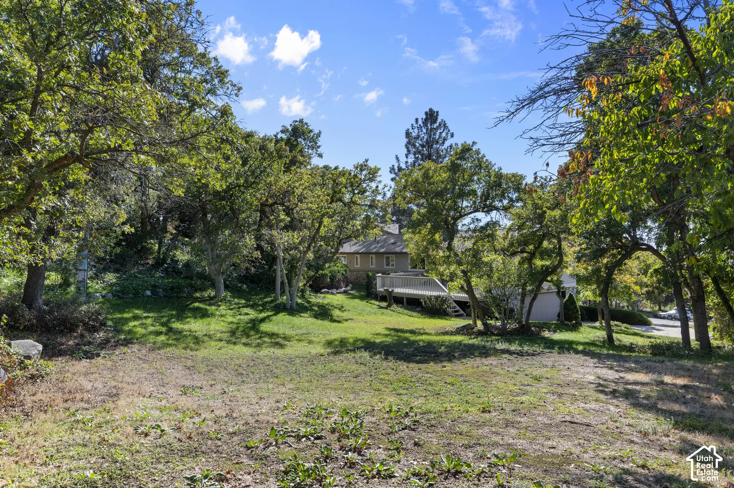 Expansive property featuring mature trees and a multi-level deck