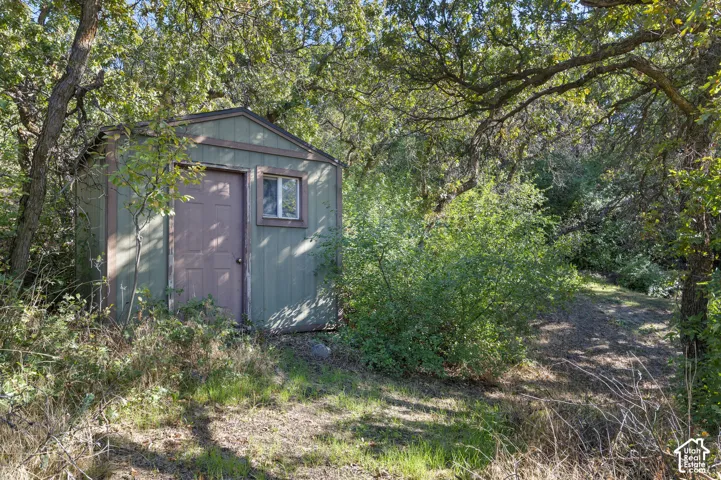 Wood-sided shed with a single window and a solid door, surrounded by mature trees and natural landscaping