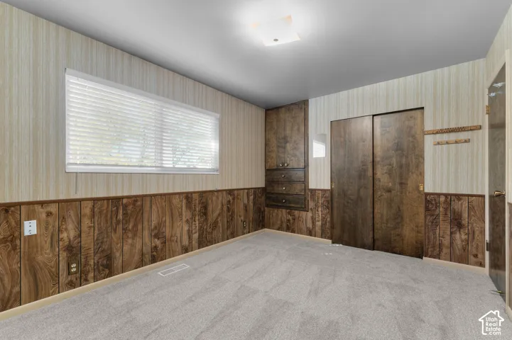 Plank wood-finish wainscoting, built-in cabinetry with drawers, wood-finish sliding doors, and light gray carpeting
