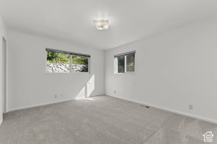 Neutral-toned carpeting, white painted walls, and a ceiling-mounted light fixture
