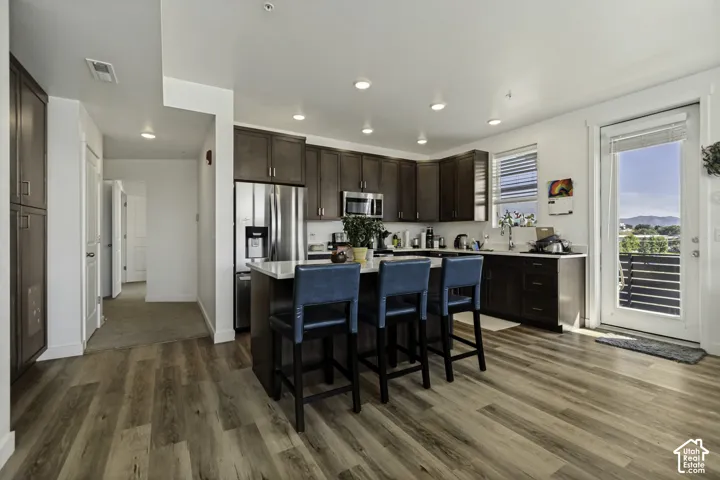 Modern kitchen with wood-finish flooring, stainless steel appliances, dark wood cabinetry, a center island with countertop seating, and a glass-paneled door leading to an outdoor space