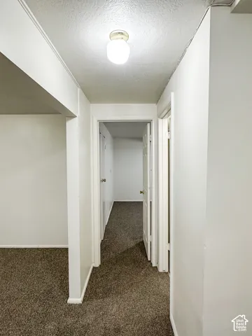 Hallway with textured ceiling, ceiling-mounted light fixture, and carpet flooring