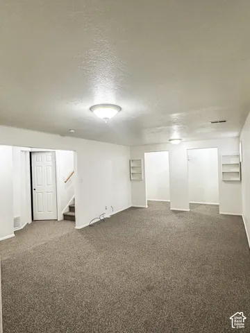 Recessed ceilings with multiple flush-mount light fixtures, neutral-toned carpeting, built-in shelving, and white interior doors