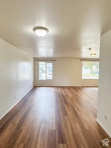 Wood-finish flooring, white walls, two windows, and an overhead flush-mount light fixture