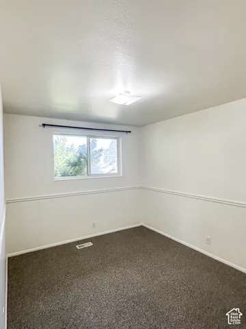 Wall-to-wall carpeting, chair rail molding, and a flush-mount ceiling light fixture