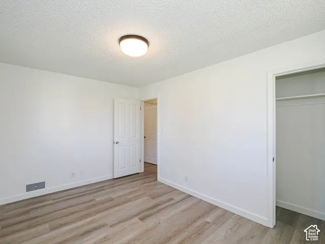 Wood-finish flooring, white painted walls, ceiling-mounted light fixture, and an integrated closet with shelving