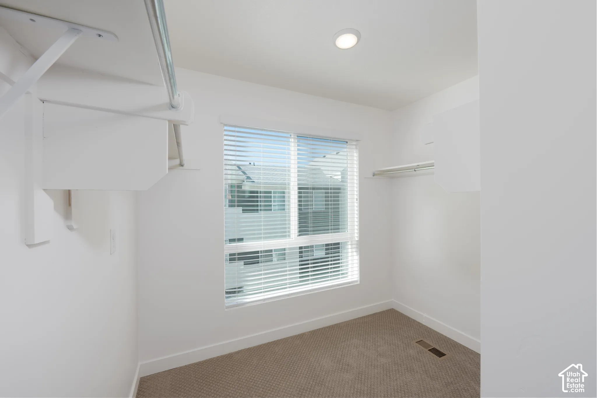 Recessed lighting, large window with blinds, carpeted flooring, built-in shelving, and clothes hanging rod