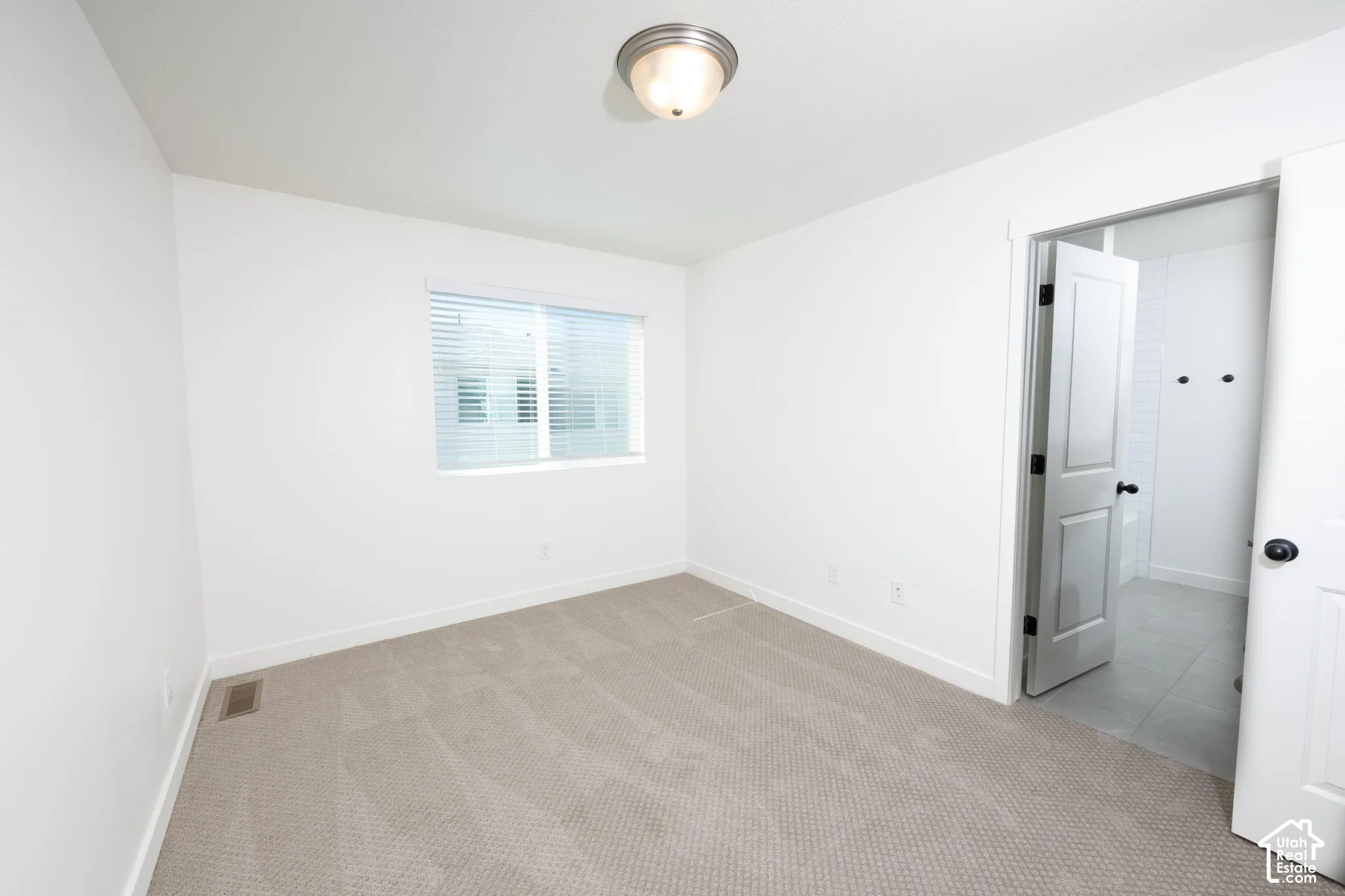 Light-colored carpeting, white walls, and a window with blinds