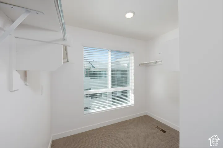 Recessed lighting, large window with blinds, carpeted flooring, built-in shelving, and clothes hanging rod