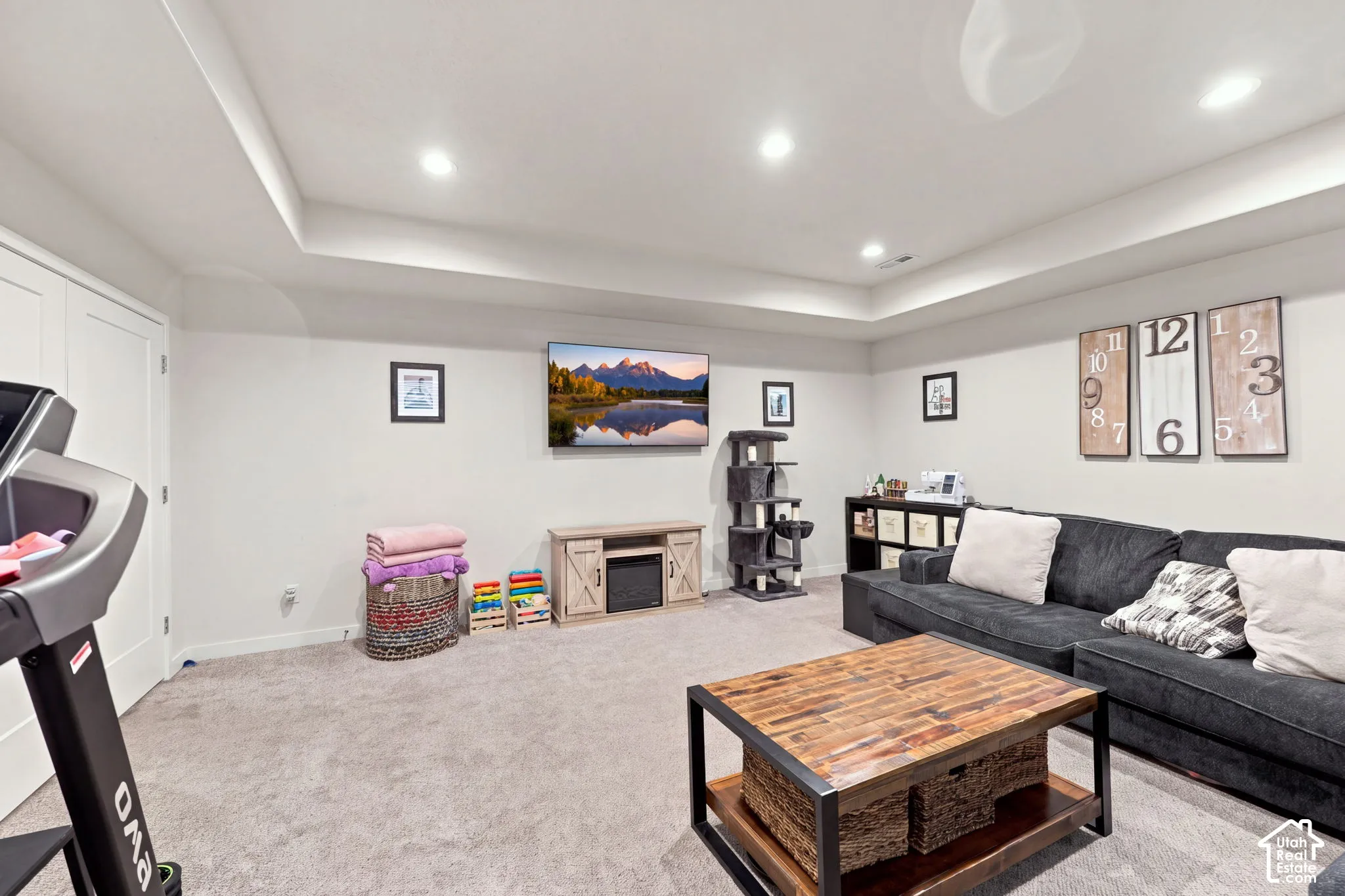 Recessed lighting illuminates a spacious room featuring a tray ceiling, light-toned carpeting, and white walls