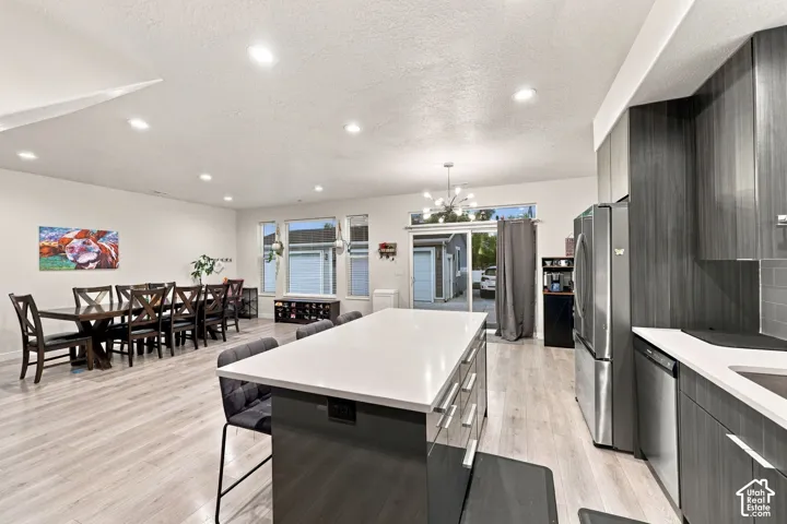 Open-concept living space with light wood-finish flooring, recessed ceiling lighting, and a kitchen featuring dark wood-grain cabinetry, stainless steel appliances, and light countertops