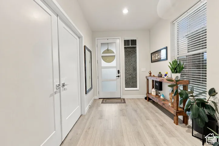 Entryway featuring wood-finish flooring, recessed lighting, and a front door with frosted glass panels