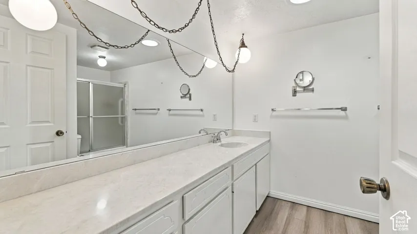 Expansive vanity with double sink, integrated countertop, and wood-finish flooring