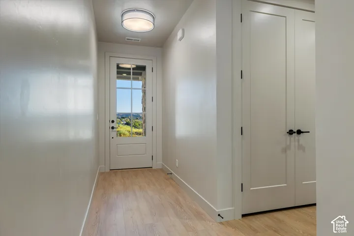 Entryway featuring a paneled door with divided lite glass, wood-finish flooring, a flush-mount ceiling light, and white interior doors with matte black hardware