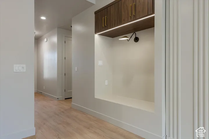 Built-in wood-finish cabinetry with gold hardware, integrated under-cabinet lighting, and a modern sconce