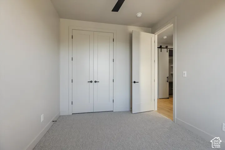 Plush carpet flooring, neutral painted walls, and white trim