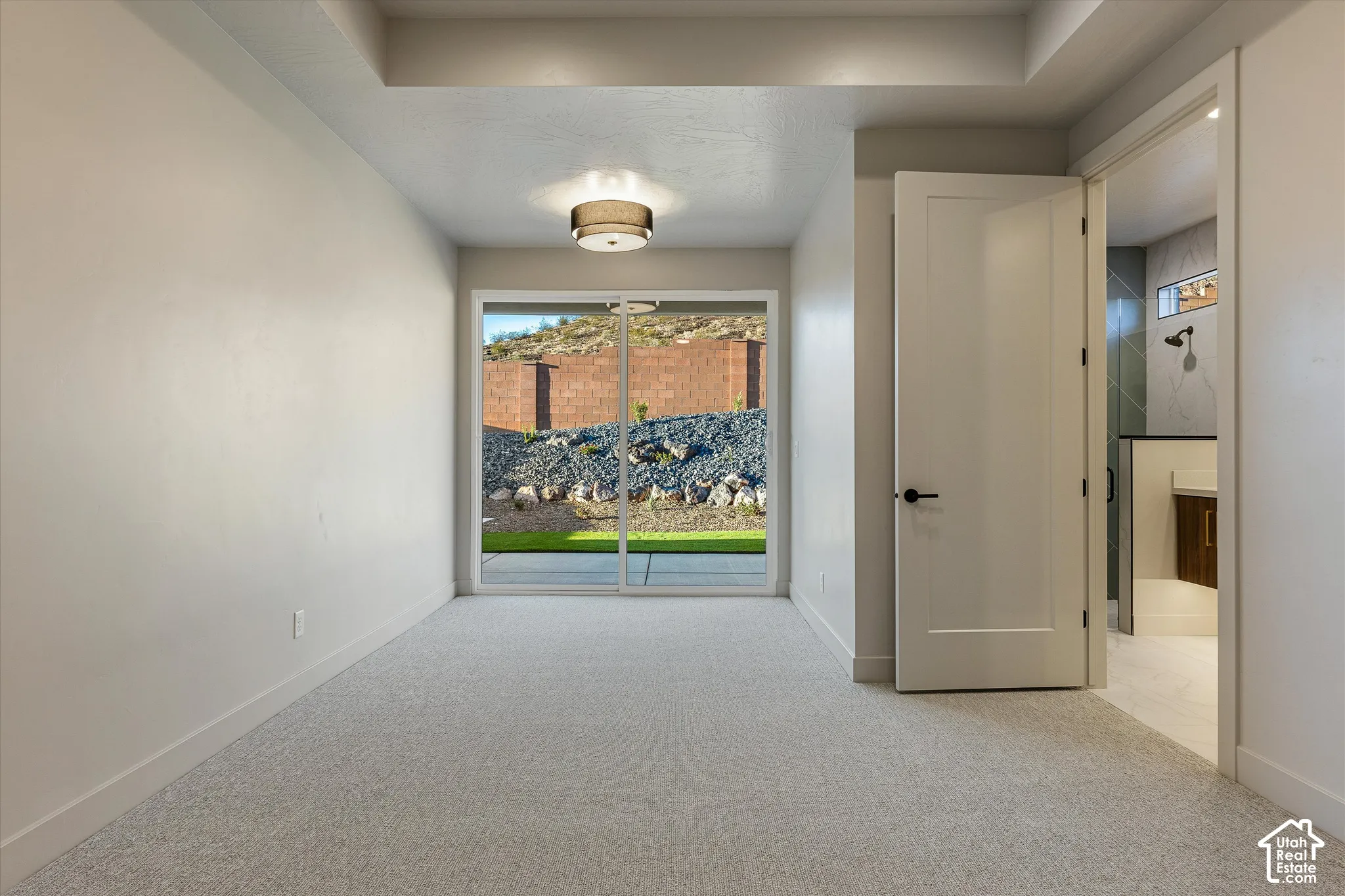 Recessed ceiling details, sliding glass door, overhead light fixture, light gray carpet, and white interior door with black hardware