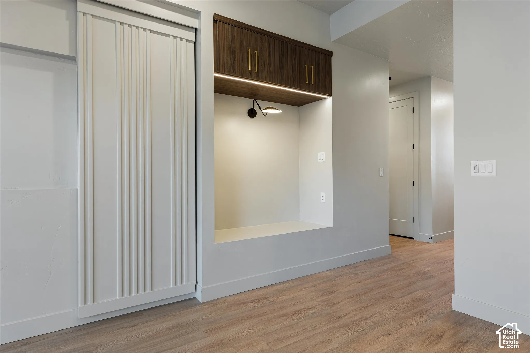 Wood-finish flooring with a light tone, white walls, built-in shelving with dark wood-finish cabinetry, under-cabinet lighting, and a white sliding door