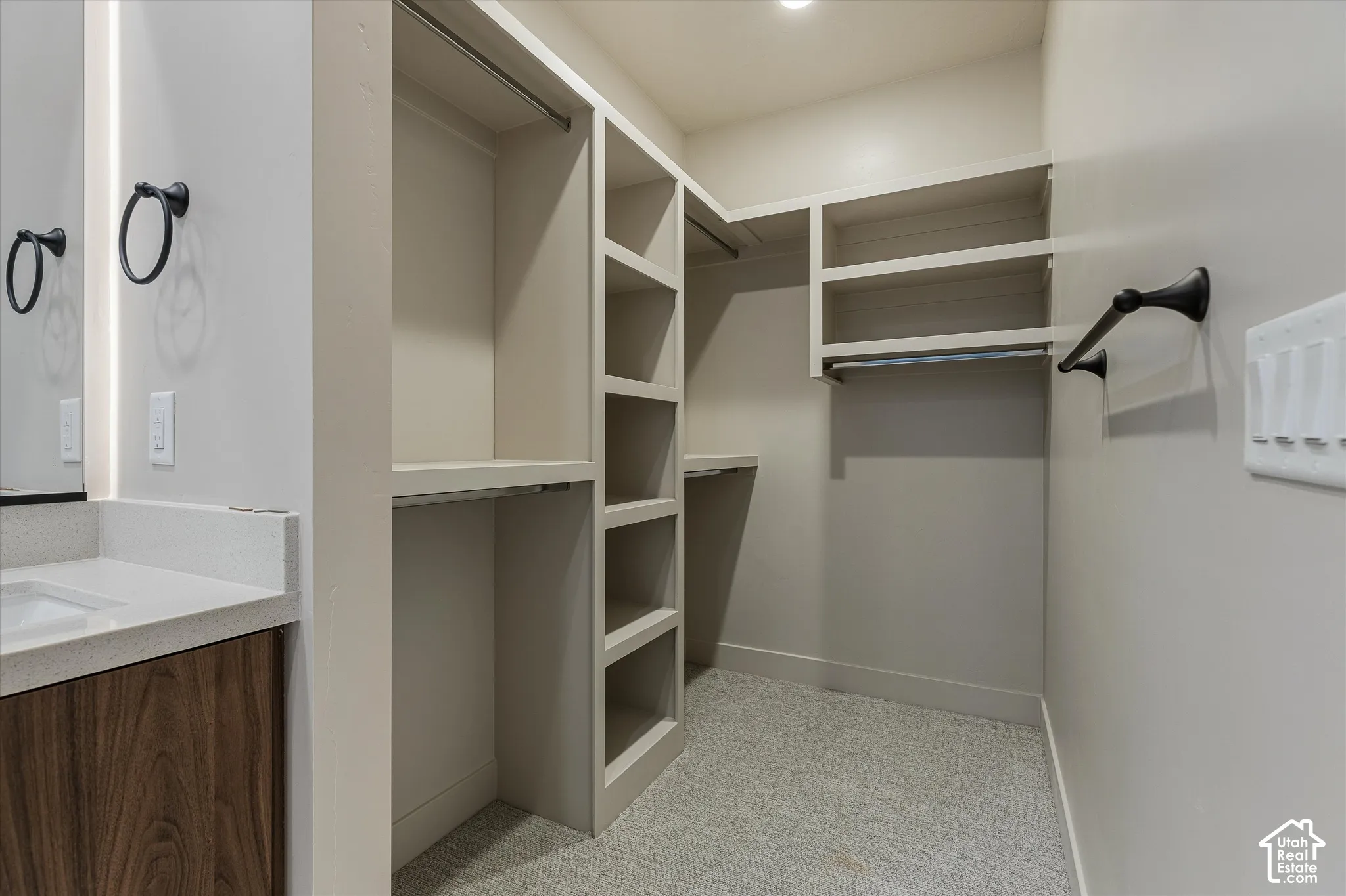 Walk-in closet with built-in shelving, hanging rods, and carpet flooring