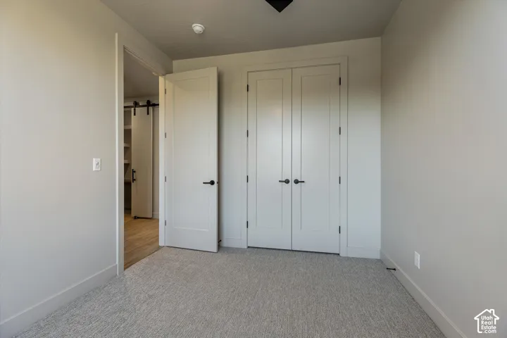 Neutral gray wall paint, light-colored carpeting, white double-panel doors with matte black hardware, and a barn door entry to an additional space with wood-finish flooring