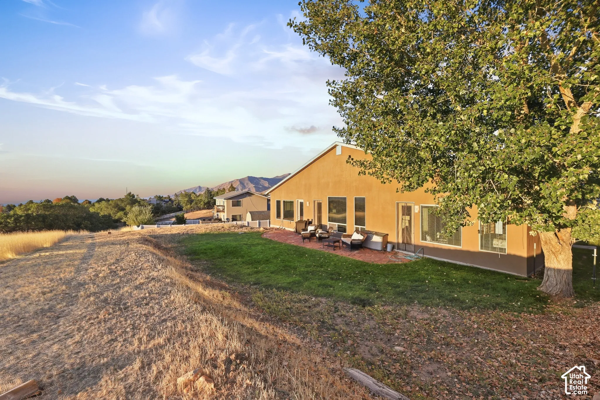 Expansive backyard with a manicured lawn, mature tree, and a brick patio