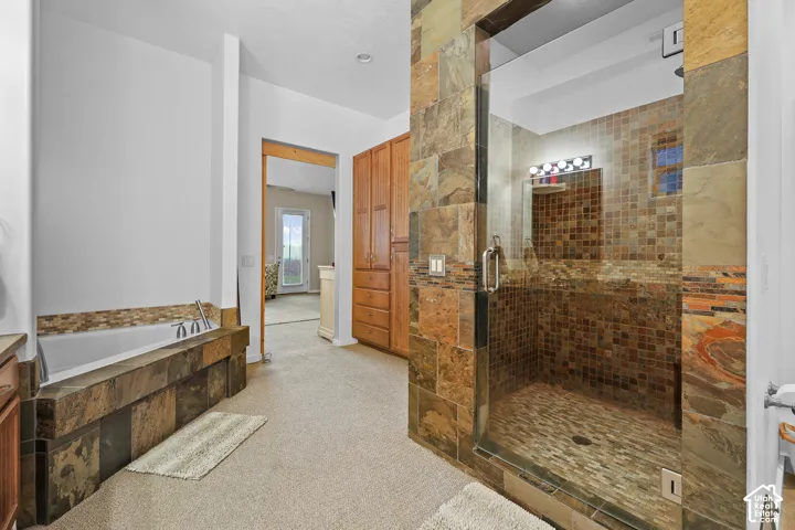 Spacious shower with glass enclosure and mosaic tile, built-in bathtub with tile surround, and wood cabinetry
